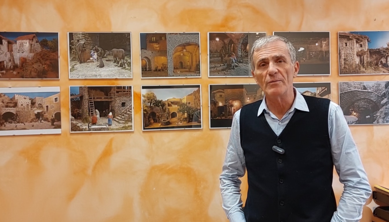 Corrado Manzoni, Maestro Artigiano davanti alle sue opere presepiali e diorami